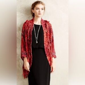 Anthropologie Sleeping On Snow Red Fringe Boucle Cocoon Cardigan Wool Blend Boho